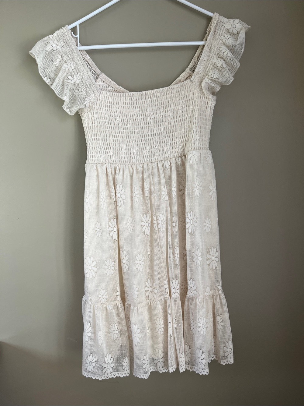 Cream Floral Eyelet Mini Dress with Ruffled Sleeves - Picture 2 of 4